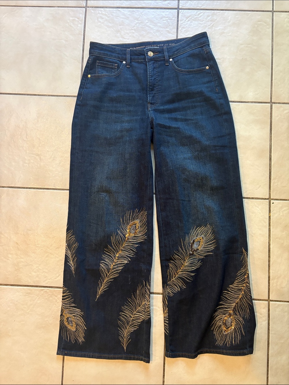 Chico’s Dark Blue Women's Wide-Leg Jeans with Gold Peacock Feather Embroidery